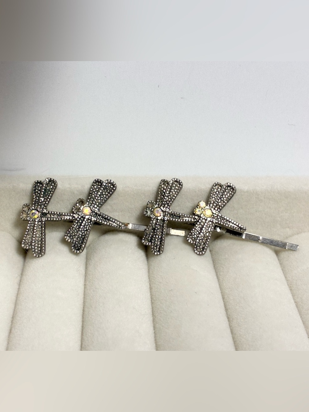 90s Y2K Dragonfly AB Rhinestone Silver Tone Bobby Pin Hair Clip Pair Vintage